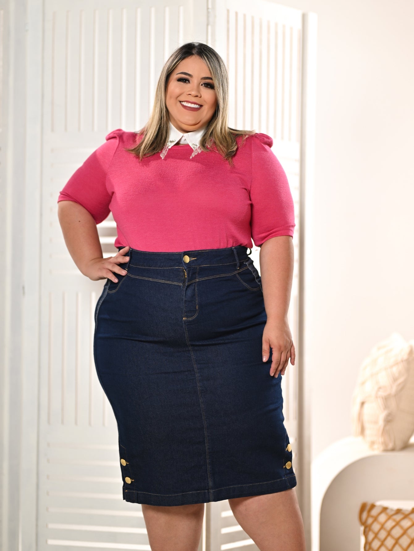 Anagrom Straight Knee Length Stretch Dark Blue Denim Jean Skirt for Women Size 0-22 Regular and Plus Size Side Button Details Ref.214