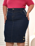 Anagrom Straight Knee Length Stretch Dark Blue Denim Jean Skirt for Women Size 0-22 Regular and Plus Size Side Button Details Ref.214