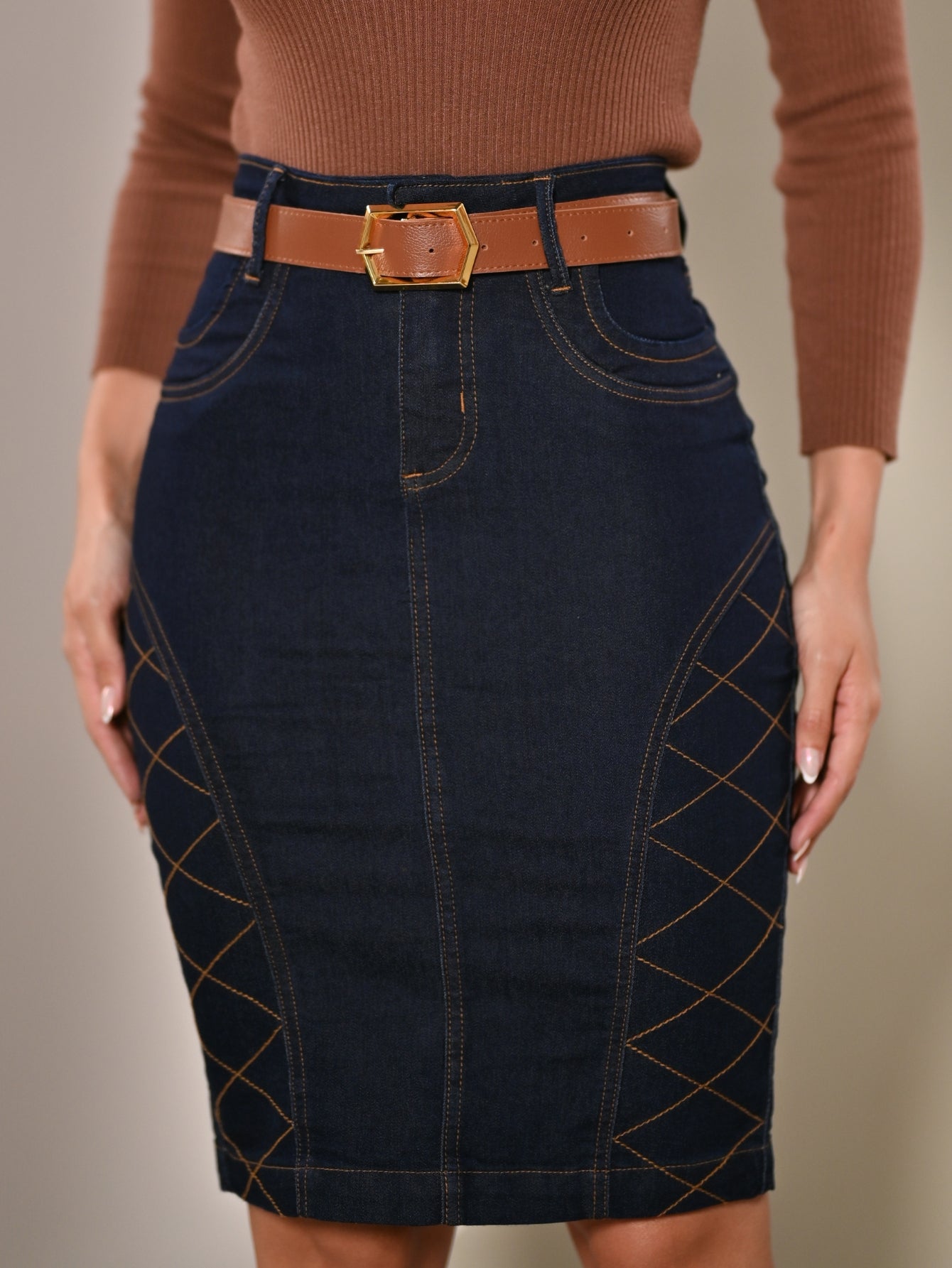 Anagrom Women's Stretch Denim Skirt with Belt Knee Height Zig-zag Detail