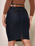 Anagrom Women's Stretch Denim Skirt with Belt Knee Height Zig-zag Detail