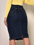Anagrom Straight Knee Length Stretch Dark Blue Denim Jean Skirt for Women Size 0-22 Regular and Plus Size Side Button Details Ref.214