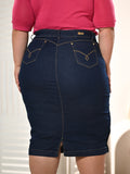 Anagrom Straight Knee Length Stretch Dark Blue Denim Jean Skirt for Women Size 0-22 Regular and Plus Size Side Button Details Ref.214