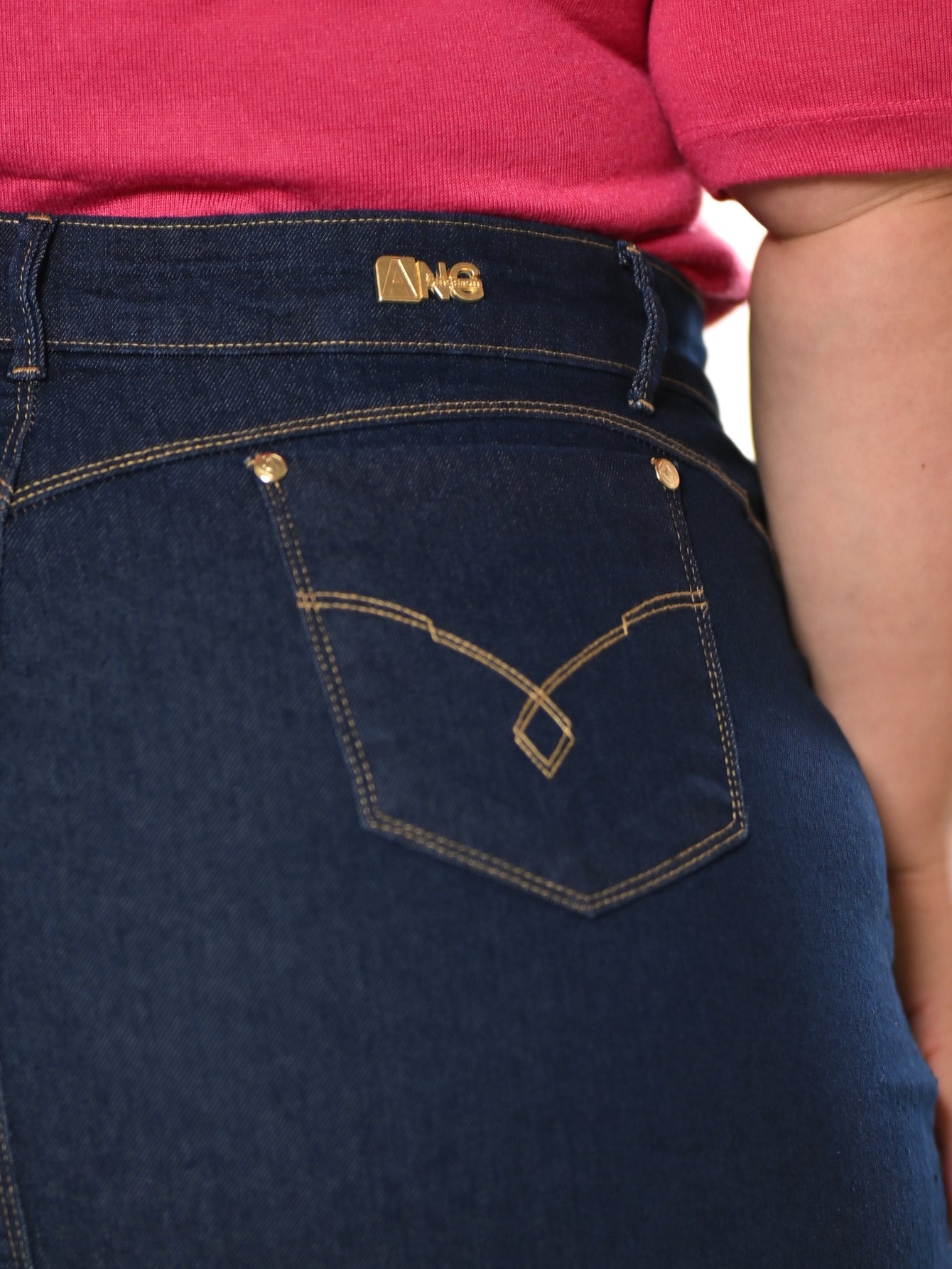 Anagrom Straight Knee Length Stretch Dark Blue Denim Jean Skirt for Women Size 0-22 Regular and Plus Size Side Button Details Ref.214