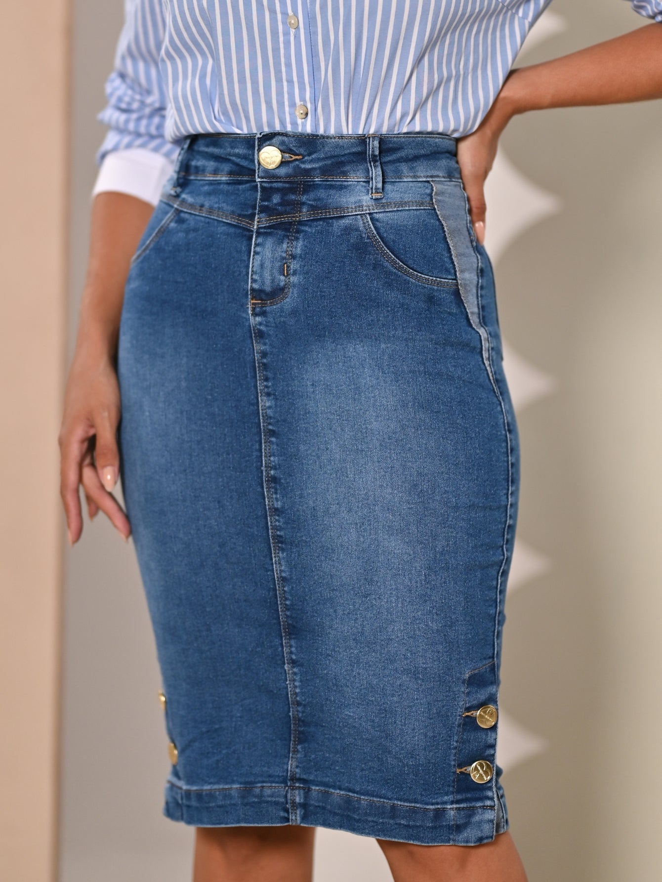 Anagrom Straight Knee Length Stretch Washed Blue Denim Jean Skirt for Women Size 0-22 Regular and Plus Size Side Button Details Ref.211