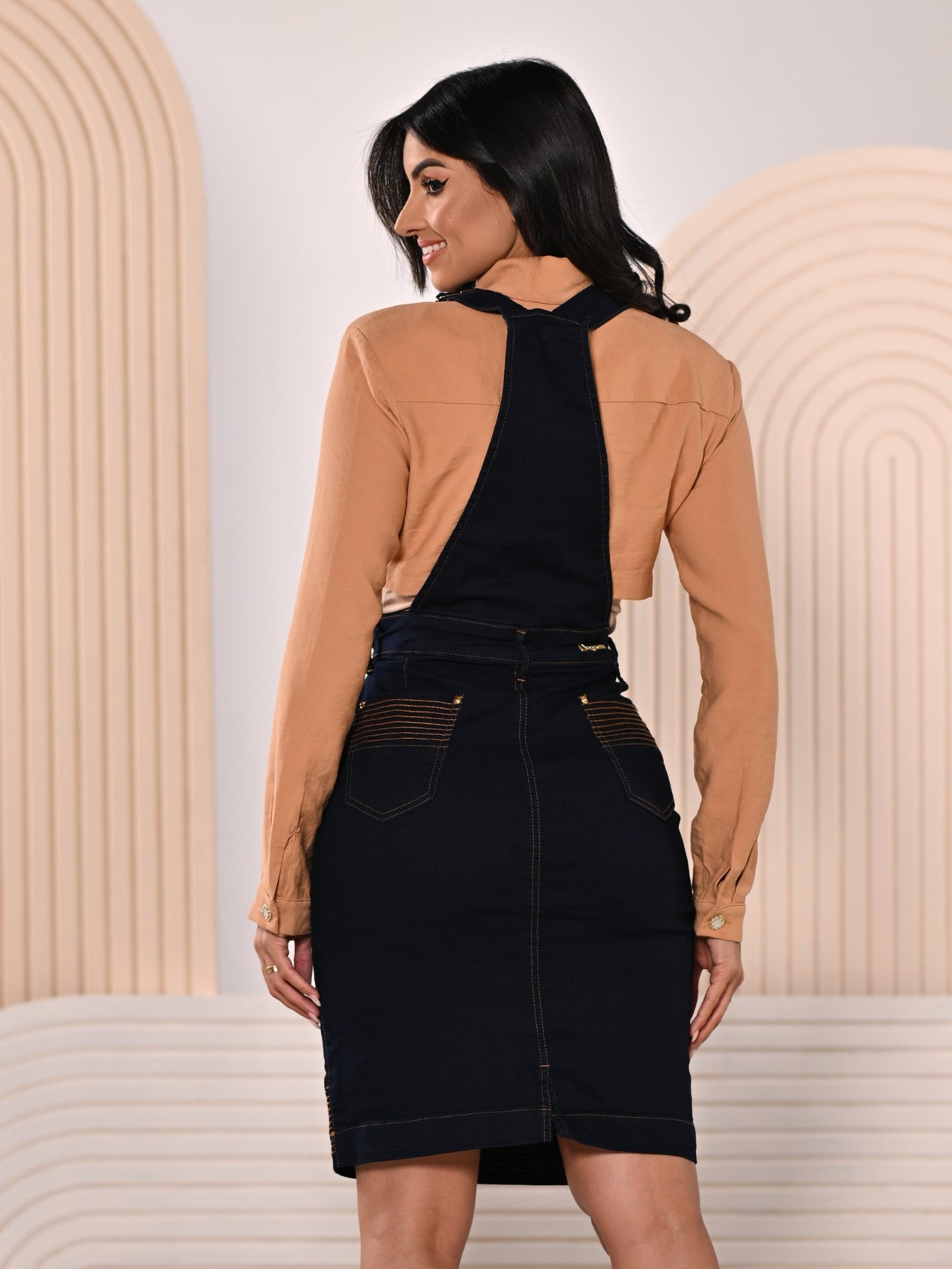 Anagrom Women's Denim Pinafore Dress Skirt Overall Adjustable Strap Stretch Striped Seam Details Ref.4047