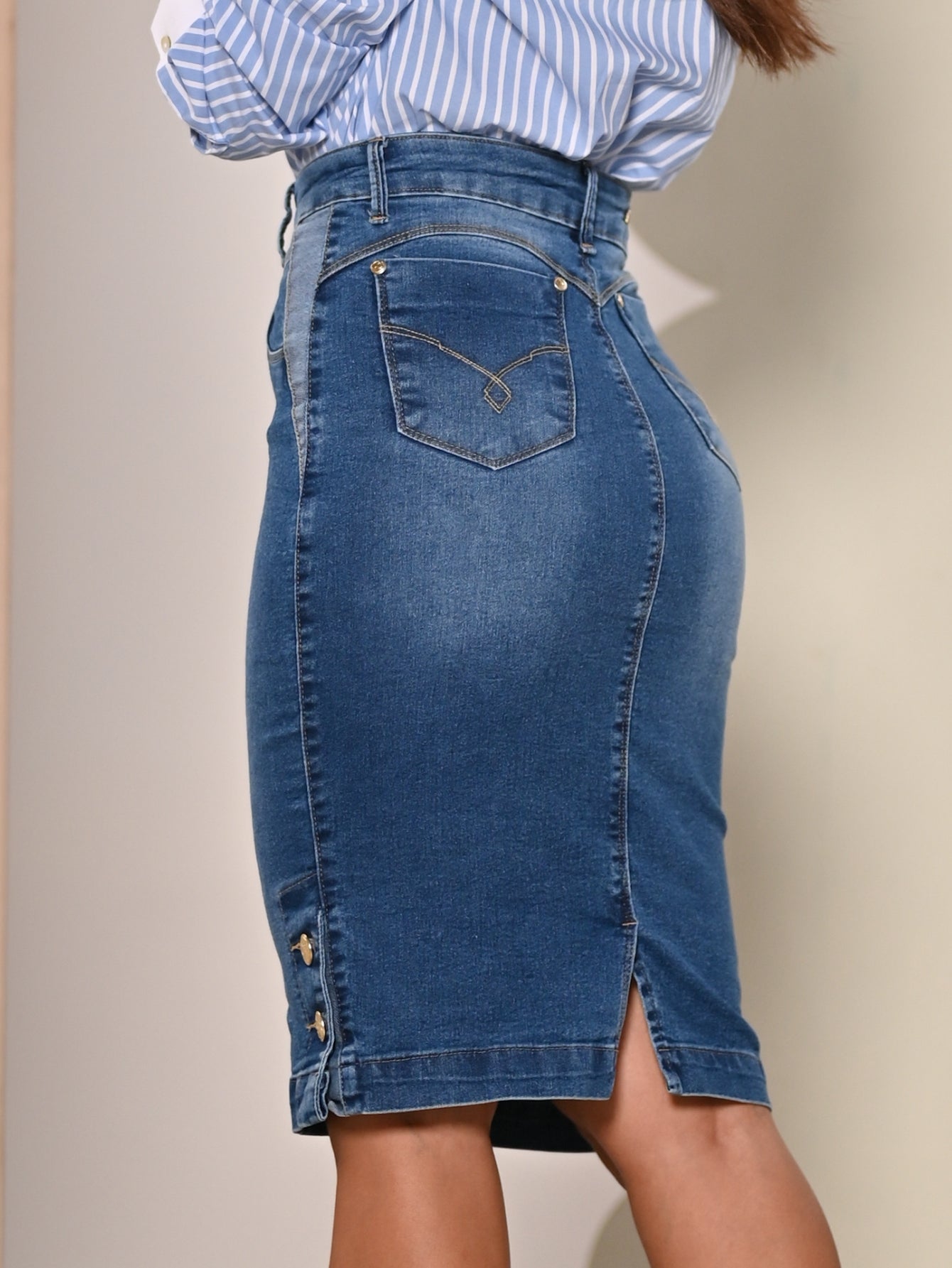 Anagrom Straight Knee Length Stretch Washed Blue Denim Jean Skirt for Women Size 0-22 Regular and Plus Size Side Button Details Ref.211