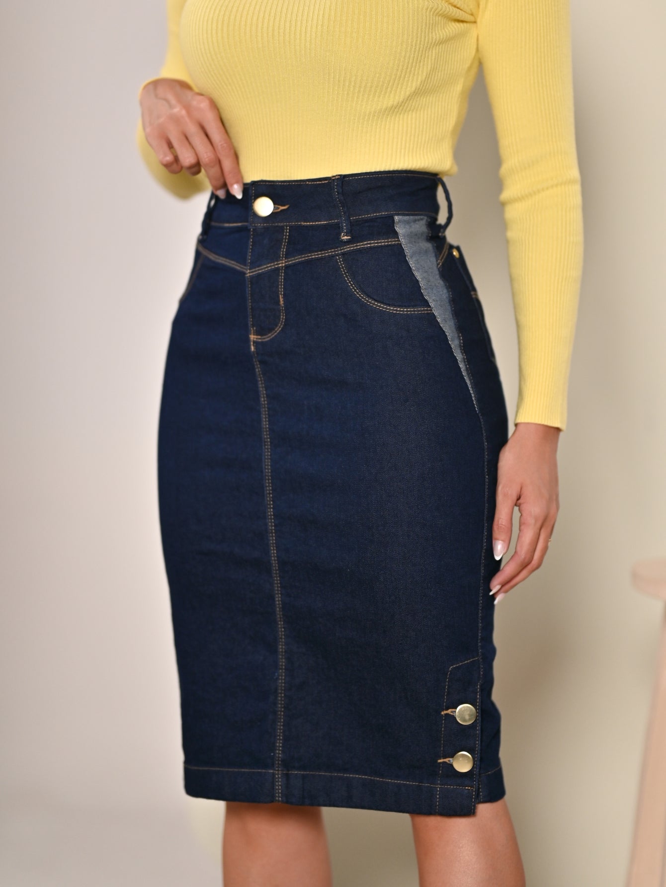 Anagrom Straight Knee Length Stretch Dark Blue Denim Jean Skirt for Women Size 0-22 Regular and Plus Size Side Button Details Ref.214