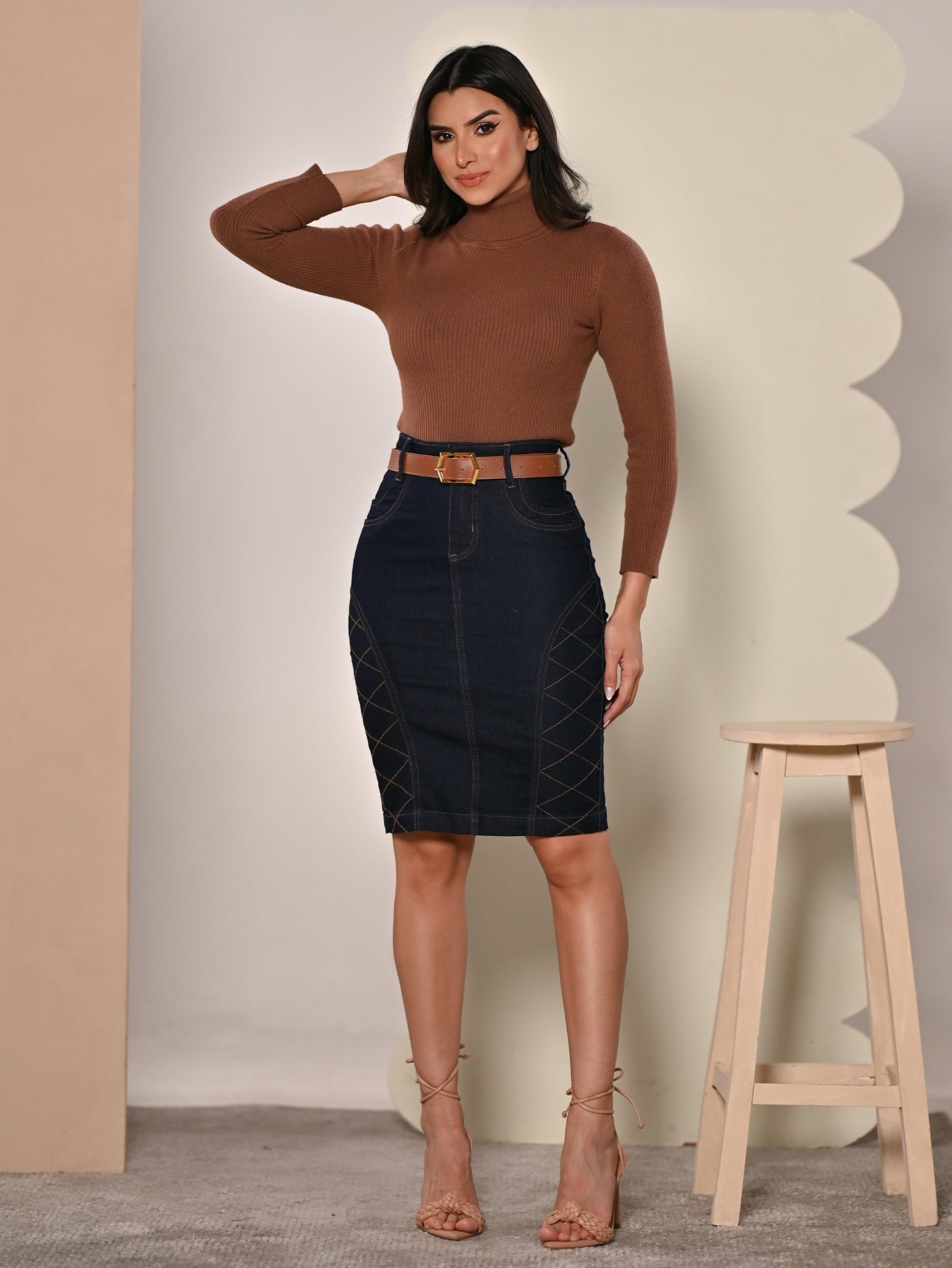 Anagrom Women's Stretch Denim Skirt with Belt Knee Height Zig-zag Detail