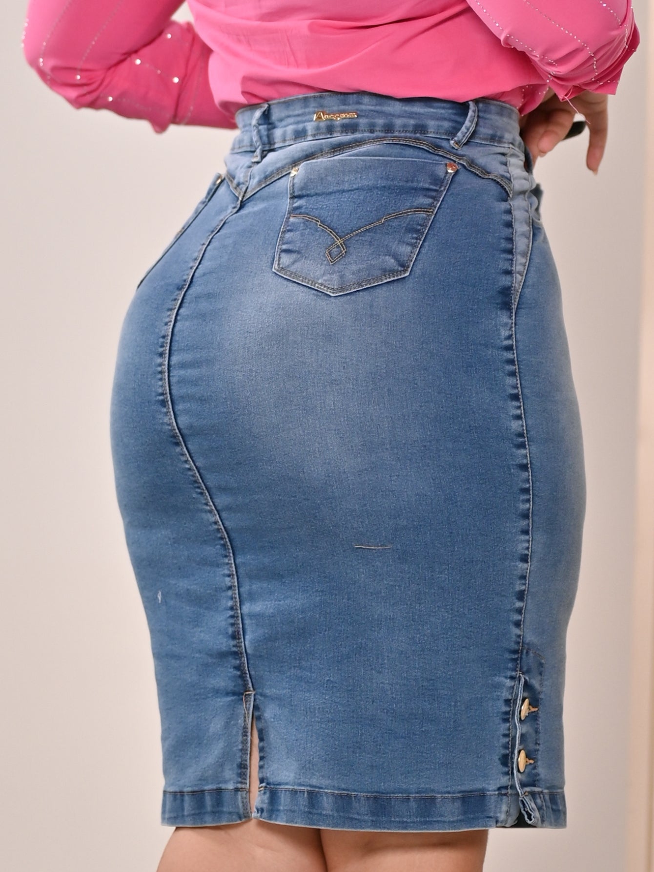 Anagrom Straight Knee Length Stretch Washed Blue Denim Jean Skirt for Women Size 0-22 Regular and Plus Size Side Button Details Ref.211