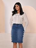 Anagrom Women's Knee Length Denim Skirt High Stretch Regular and Plus Size Sky Blue Ref.216