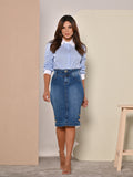 Anagrom Straight Knee Length Stretch Washed Blue Denim Jean Skirt for Women Size 0-22 Regular and Plus Size Side Button Details Ref.211