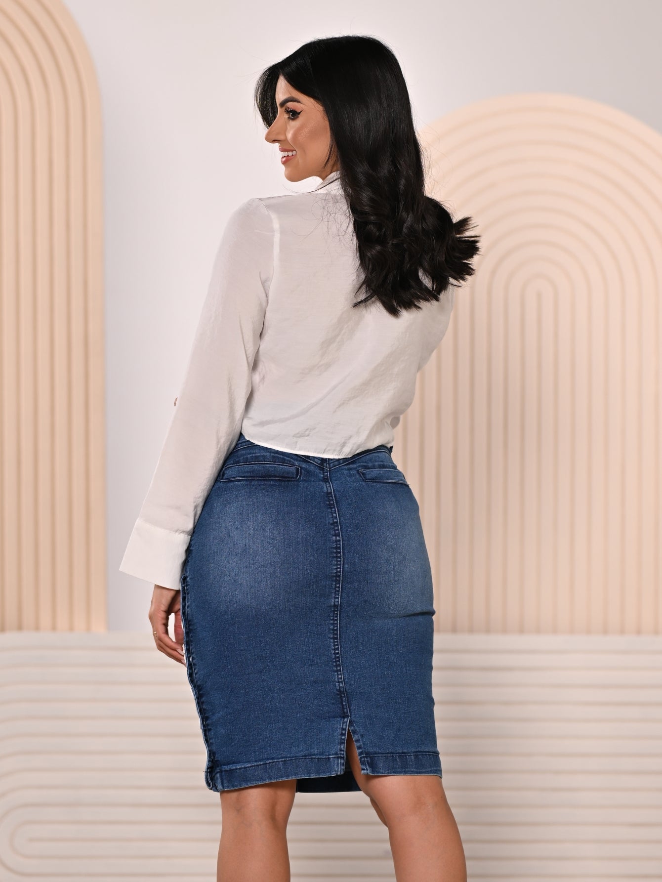 Anagrom Women's Knee Length Denim Skirt High Stretch Regular and Plus Size Sky Blue Ref.216