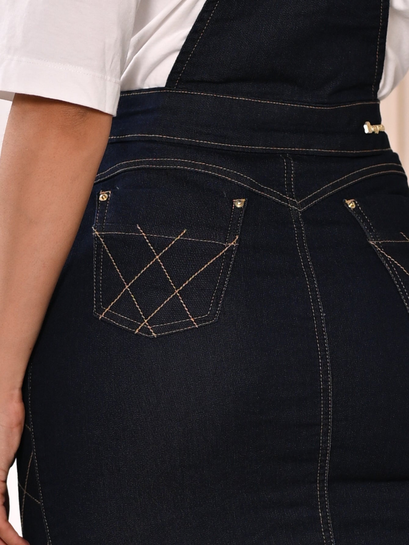 Anagrom Women's Stretch Denim Knee-High Pinafore Dress Overalls Adjustable Straps Ref.4063