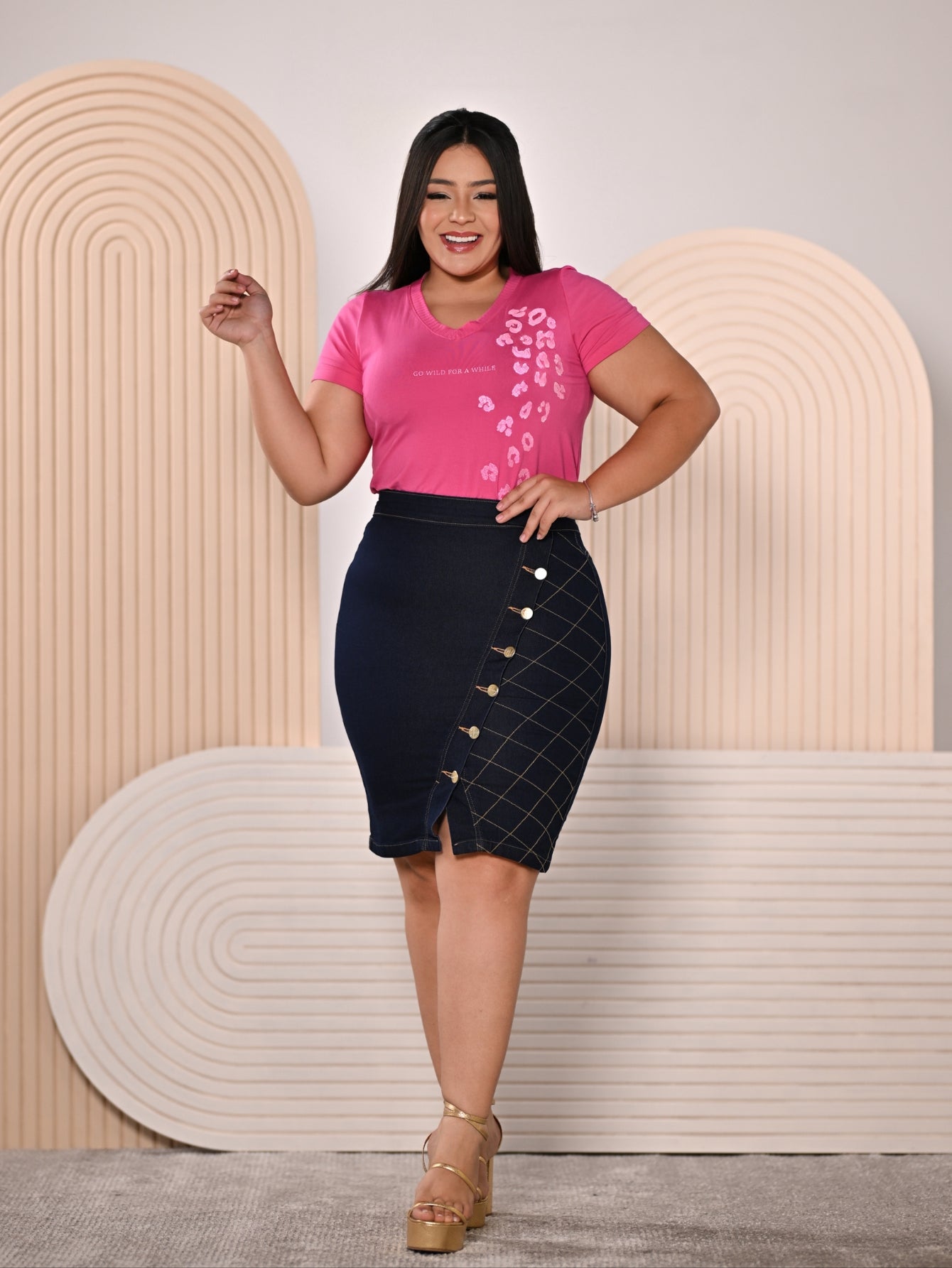 Anagrom Women's Denim Skirt High Stretch Knee Length Zig Zag Seam details Regular and Plus Size Ref.180