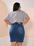 Anagrom Women's Knee Length Denim Skirt High Stretch Regular and Plus Size Sky Blue Ref.216