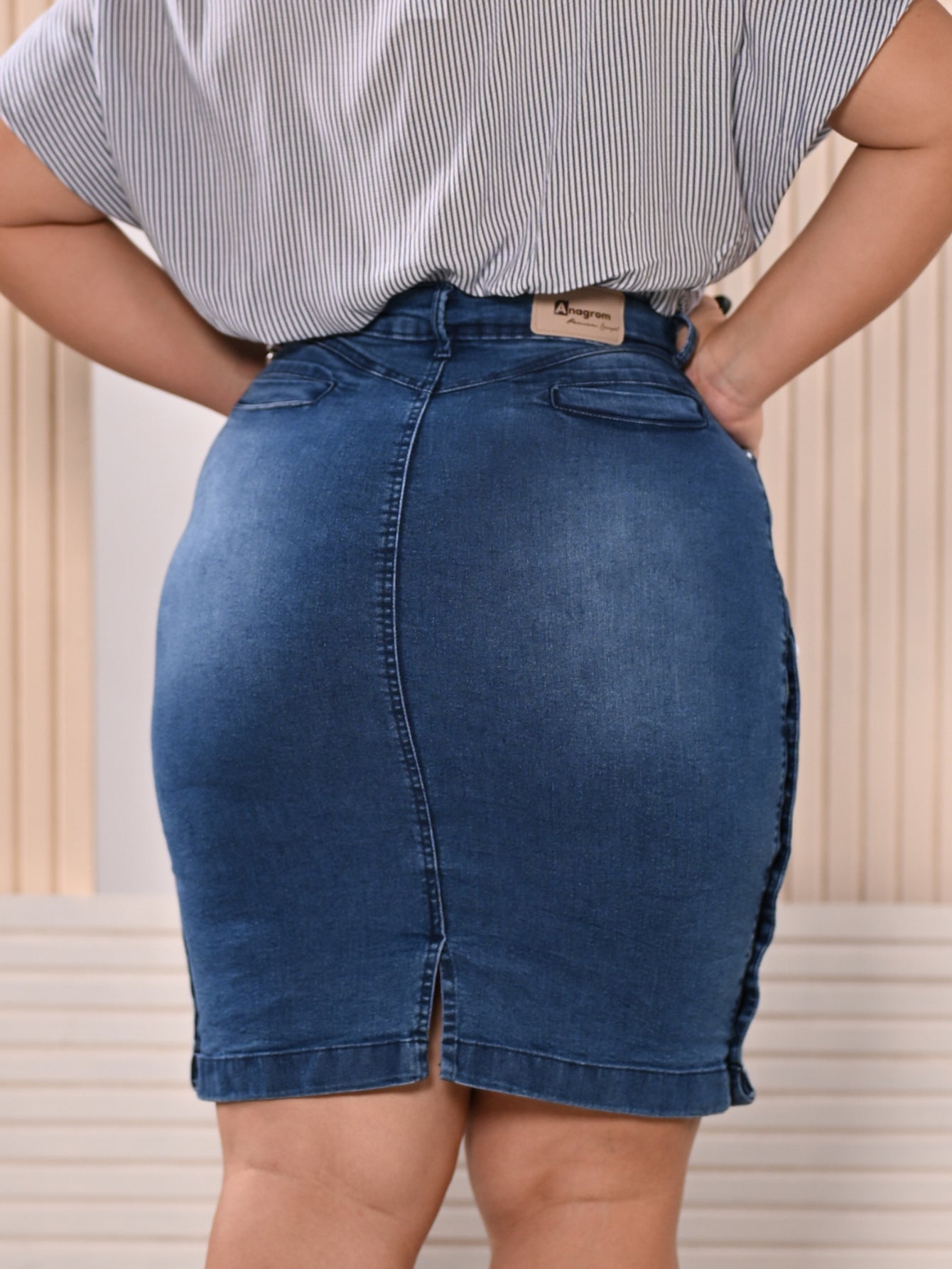 Anagrom Women's Knee Length Denim Skirt High Stretch Regular and Plus Size Sky Blue Ref.216