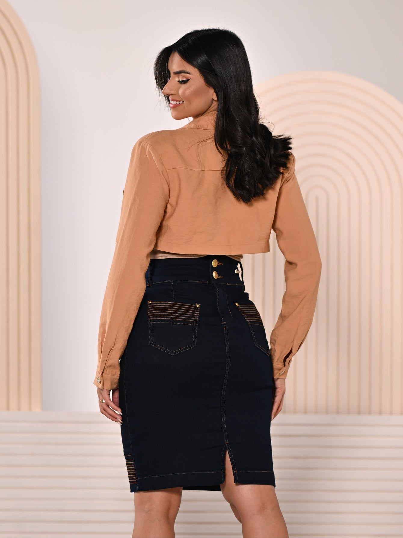 Anagrom Straight Knee Length Stretch Denim Jean Skirt for Women Striped Seam Details Ref.112