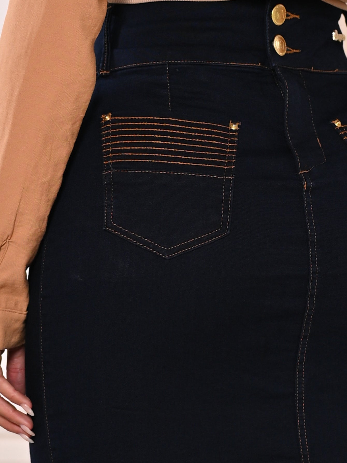 Anagrom Straight Knee Length Stretch Denim Jean Skirt for Women Striped Seam Details Ref.112