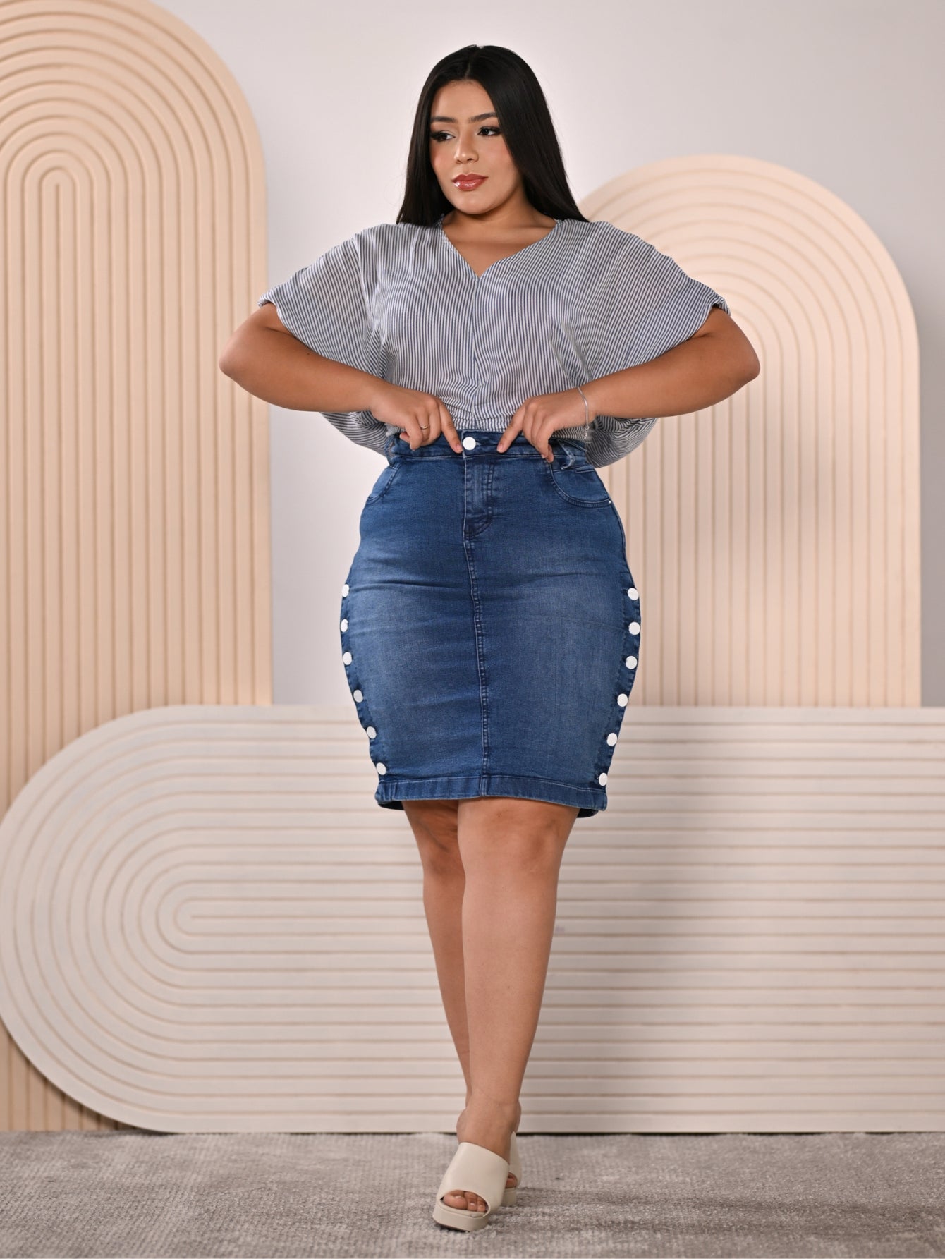 Anagrom Women's Knee Length Denim Skirt High Stretch Regular and Plus Size Sky Blue Ref.216