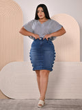 Anagrom Women's Knee Length Denim Skirt High Stretch Regular and Plus Size Sky Blue Ref.216