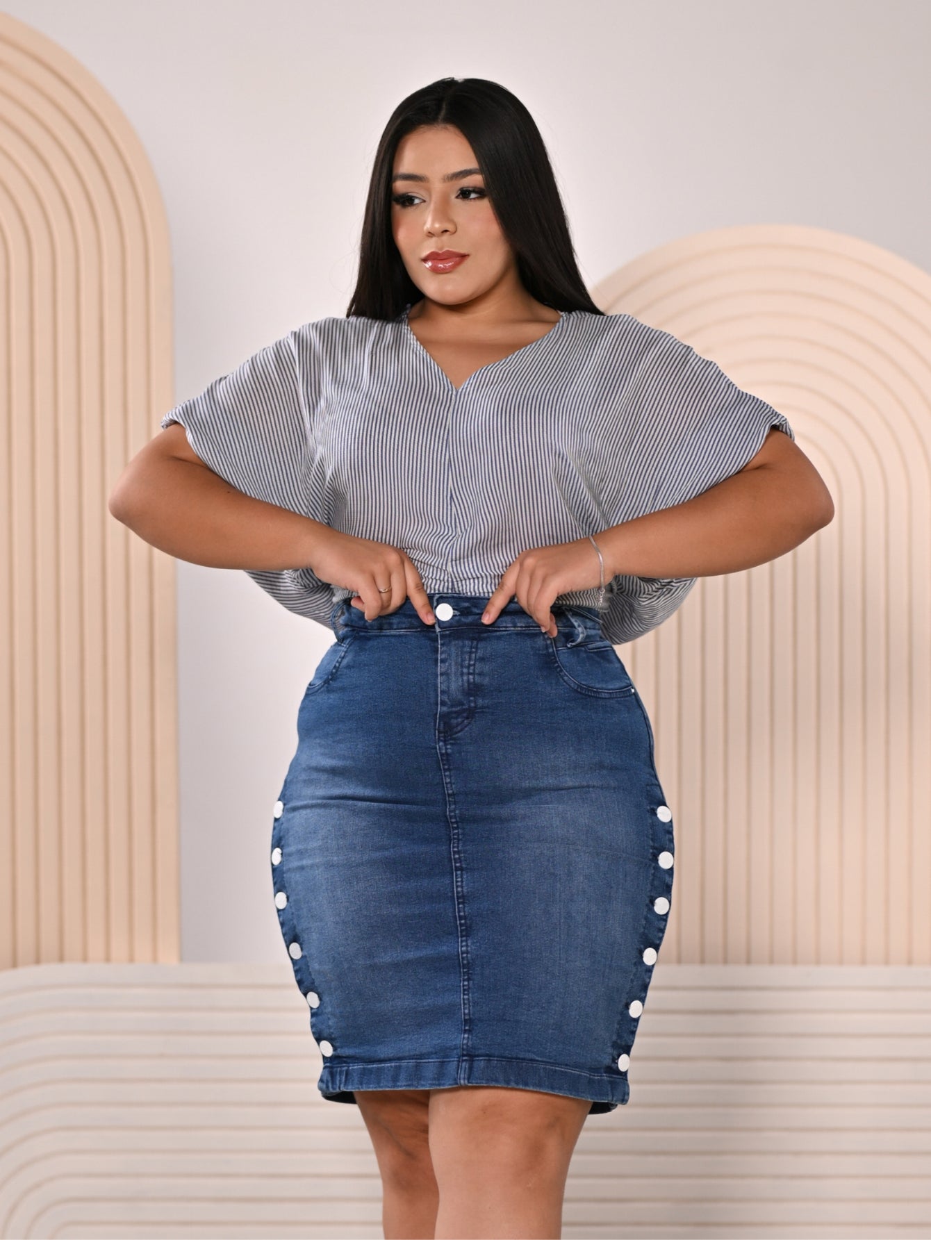 Anagrom Women's Knee Length Denim Skirt High Stretch Regular and Plus Size Sky Blue Ref.216