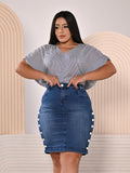 Anagrom Women's Knee Length Denim Skirt High Stretch Regular and Plus Size Sky Blue Ref.216