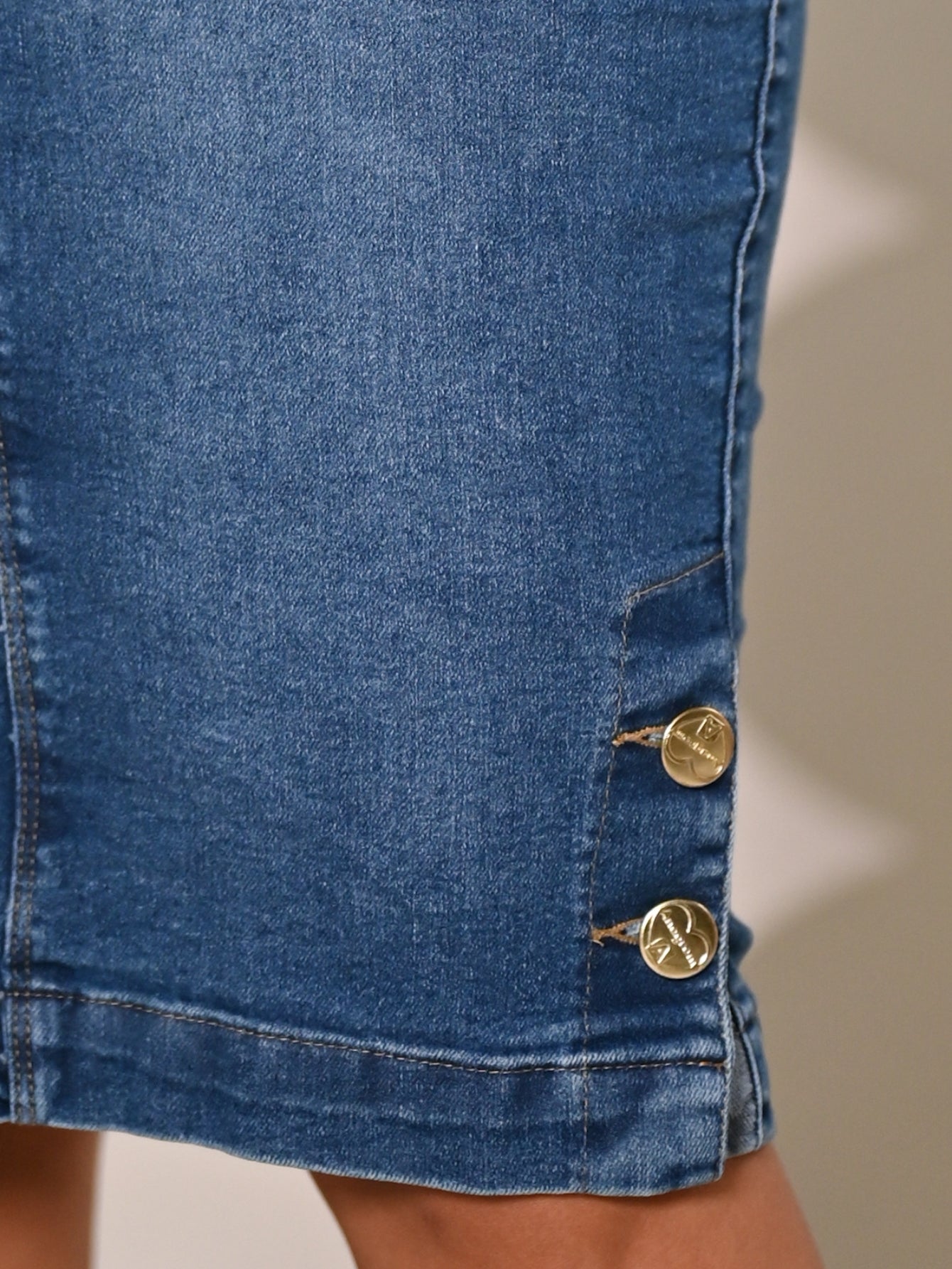 Anagrom Straight Knee Length Stretch Washed Blue Denim Jean Skirt for Women Size 0-22 Regular and Plus Size Side Button Details Ref.211