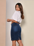 Anagrom Women's Stretch Denim Skirt with Belt Knee Height Zig-zag Detail
