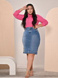 Anagrom Straight Knee Length Stretch Washed Blue Denim Jean Skirt for Women Size 0-22 Regular and Plus Size Side Button Details Ref.211
