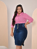 Anagrom Women's Knee Length Denim Skirt High Stretch Regular and Plus Size Classic Blue Ref.200