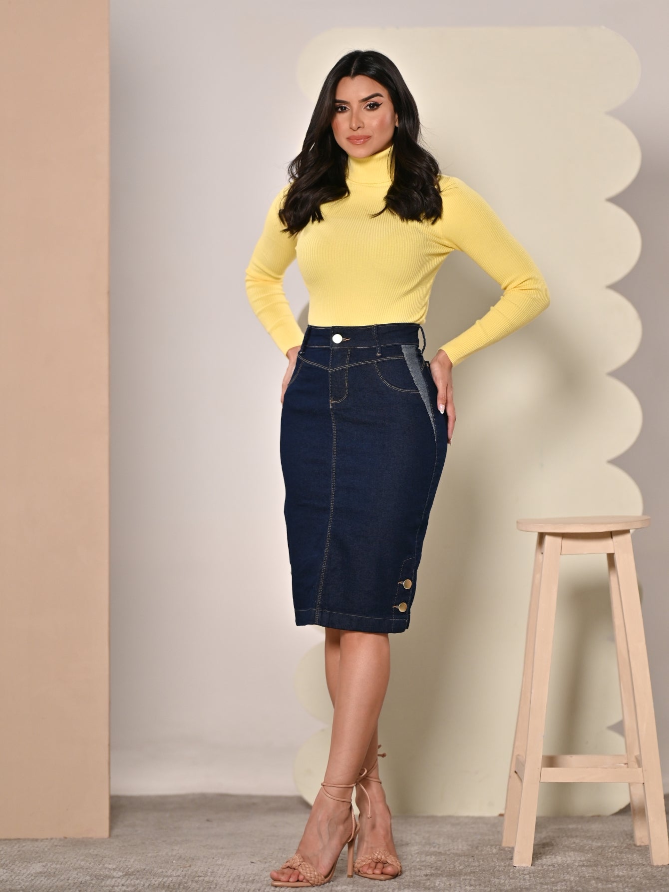 Anagrom Straight Knee Length Stretch Dark Blue Denim Jean Skirt for Women Size 0-22 Regular and Plus Size Side Button Details Ref.214