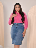 Anagrom Straight Knee Length Stretch Washed Blue Denim Jean Skirt for Women Size 0-22 Regular and Plus Size Side Button Details Ref.211