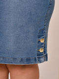 Anagrom Straight Knee Length Stretch Washed Blue Denim Jean Skirt for Women Size 0-22 Regular and Plus Size Side Button Details Ref.211