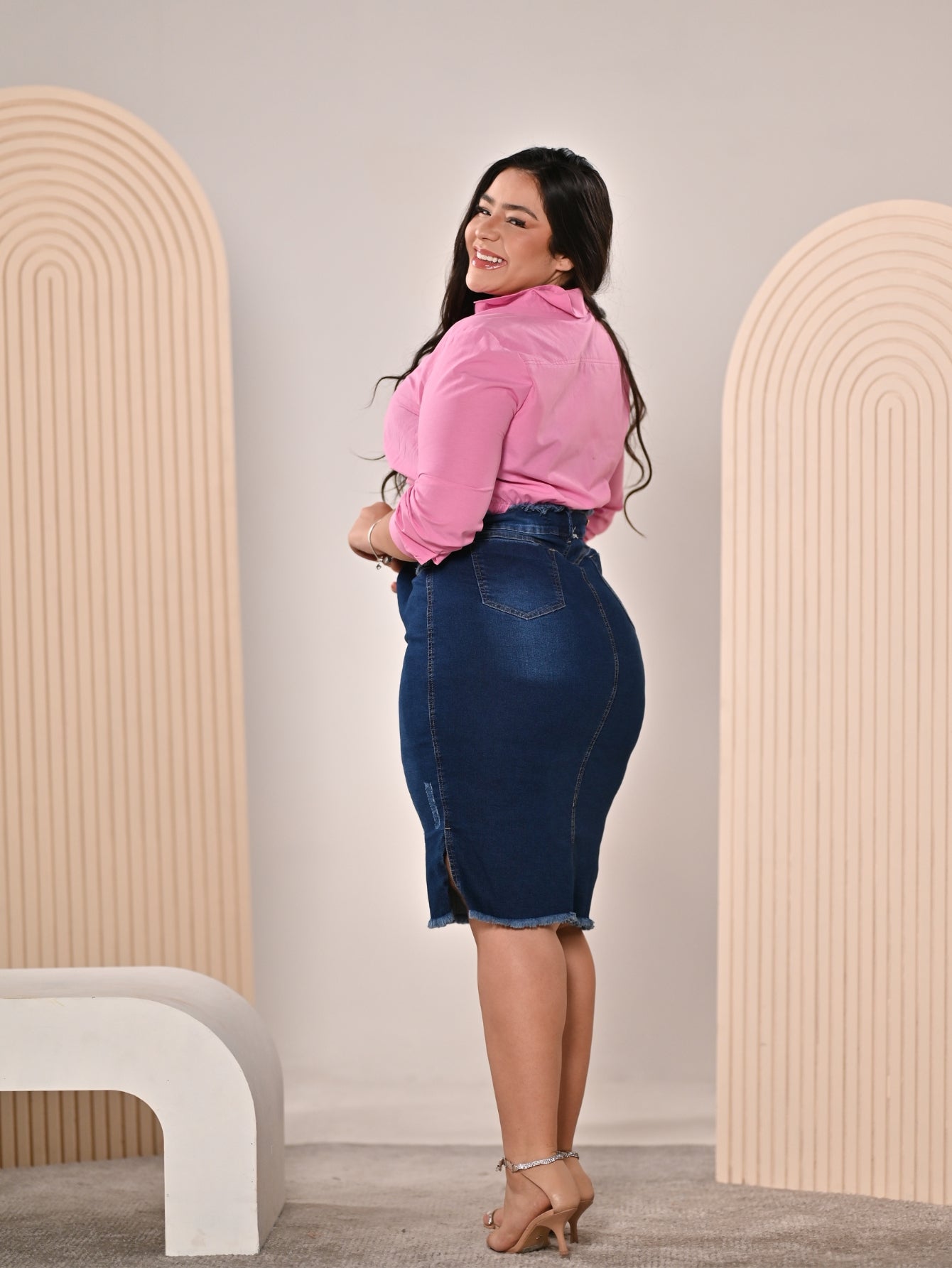 Anagrom Women's Knee Length Denim Skirt High Stretch Regular and Plus Size Classic Blue Ref.200