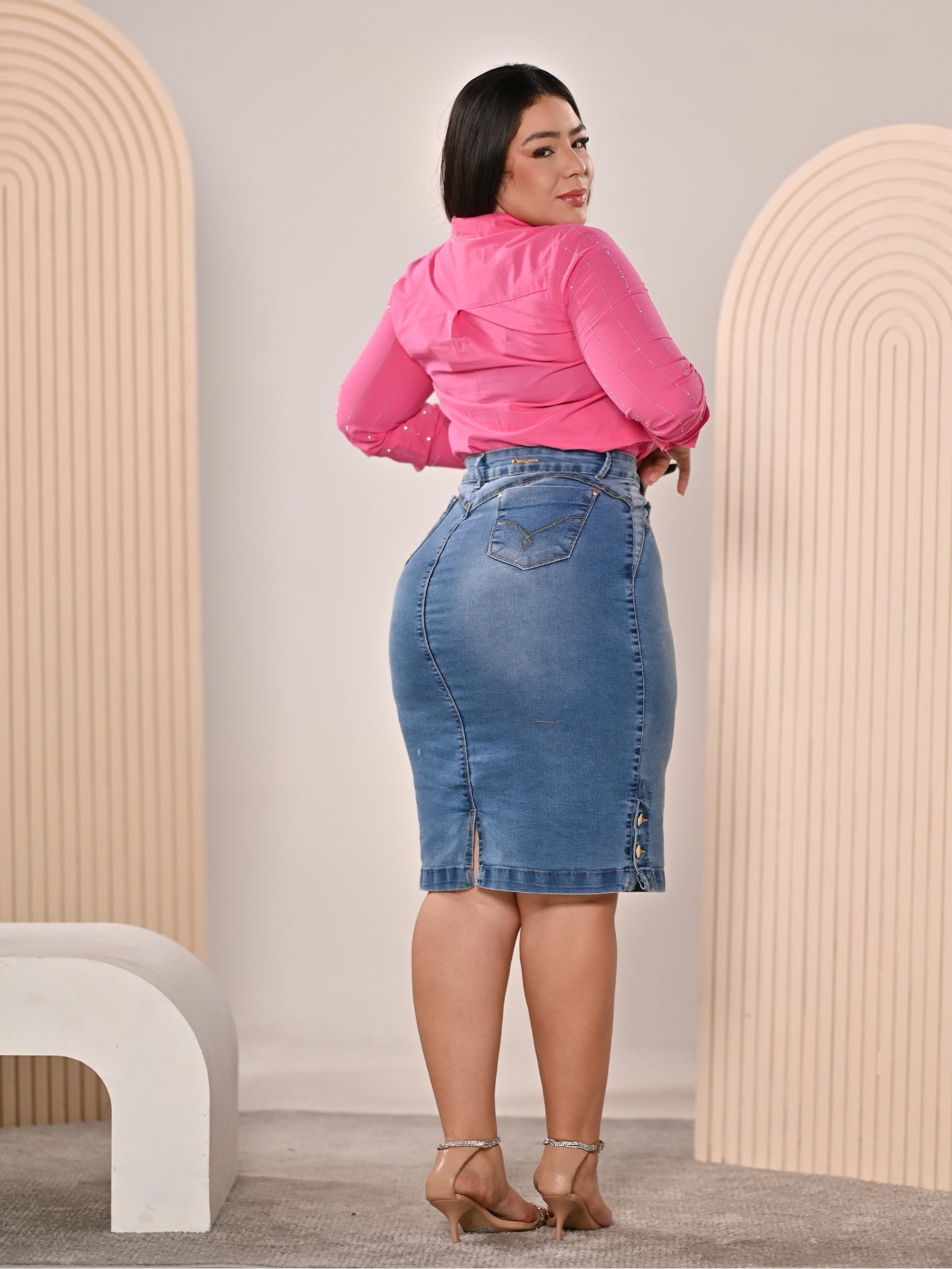 Anagrom Straight Knee Length Stretch Washed Blue Denim Jean Skirt for Women Size 0-22 Regular and Plus Size Side Button Details Ref.211