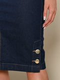 Anagrom Straight Knee Length Stretch Dark Blue Denim Jean Skirt for Women Size 0-22 Regular and Plus Size Side Button Details Ref.214