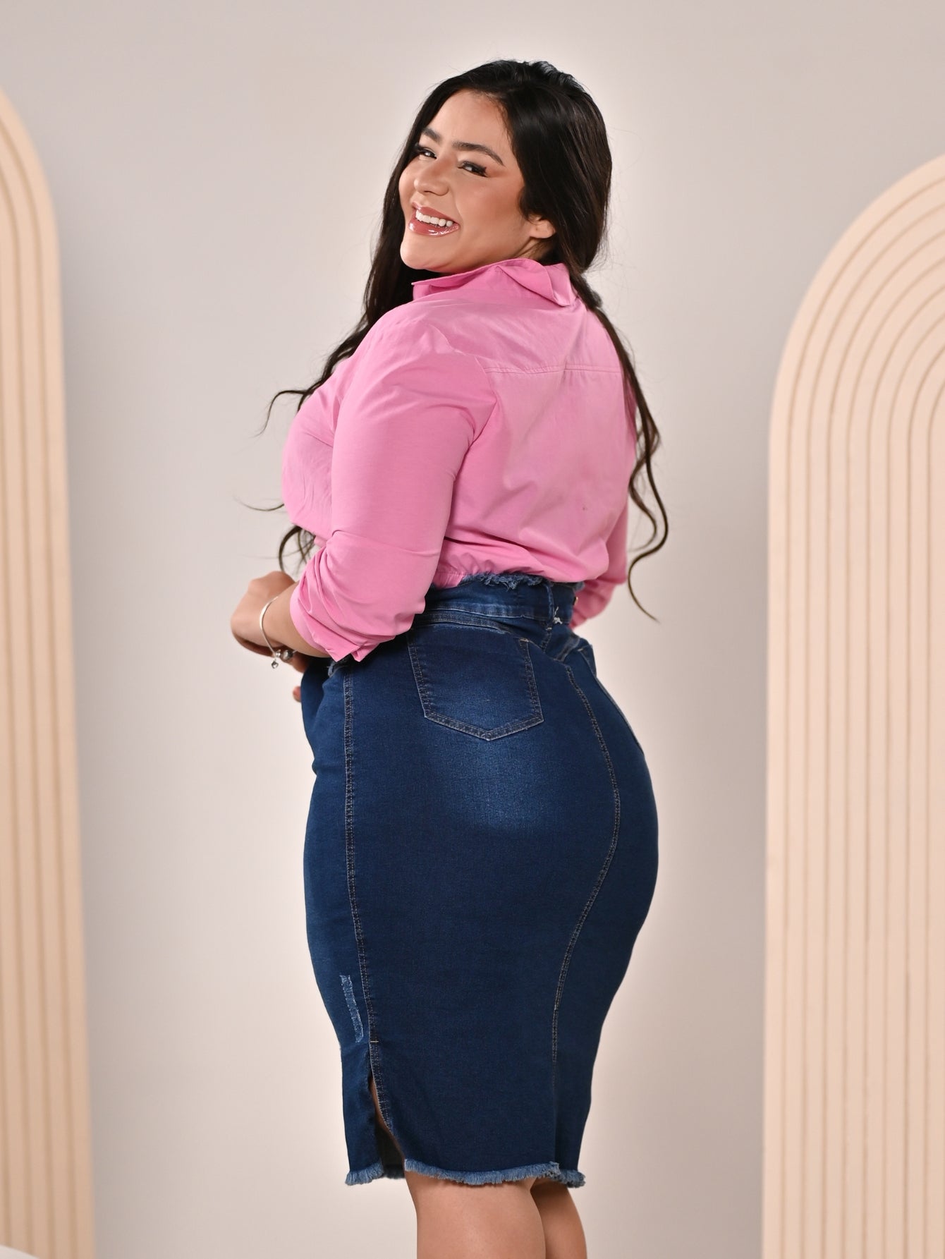 Anagrom Women's Knee Length Denim Skirt High Stretch Regular and Plus Size Classic Blue Ref.200