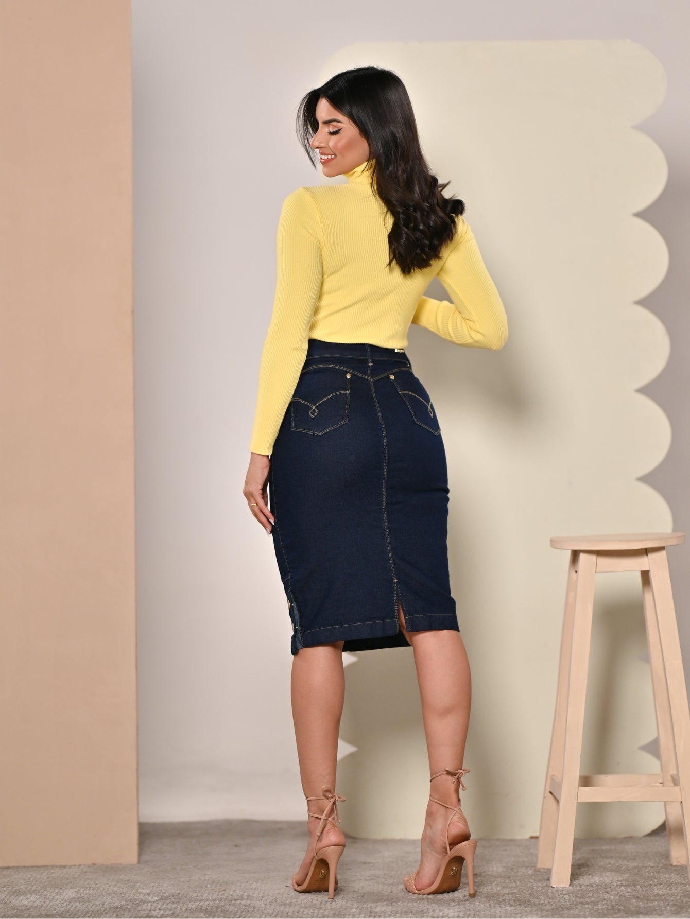 Anagrom Straight Knee Length Stretch Dark Blue Denim Jean Skirt for Women Size 0-22 Regular and Plus Size Side Button Details Ref.214