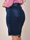 Anagrom Women's Knee Length Denim Skirt High Stretch Regular and Plus Size Classic Blue Ref.200