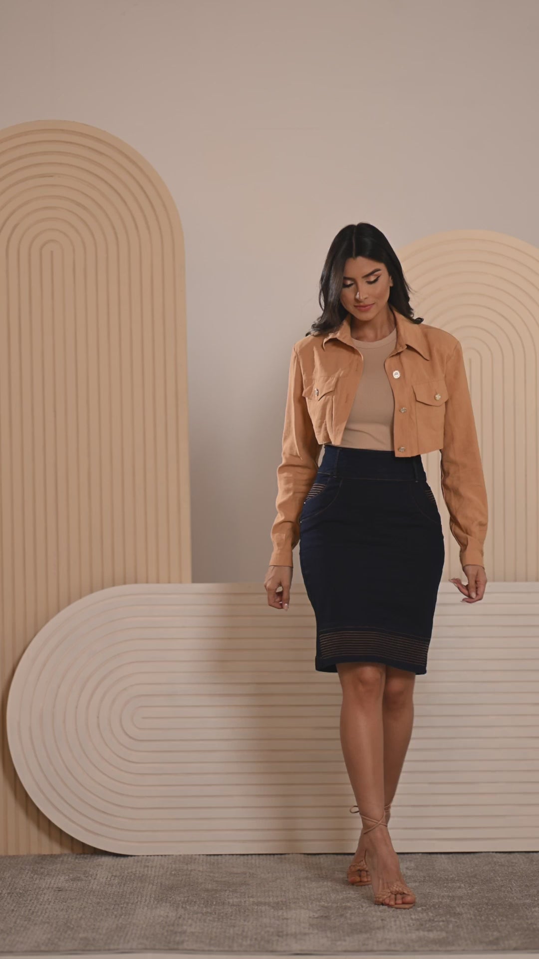 Anagrom Straight Knee Length Stretch Denim Jean Skirt for Women Striped Seam Details Ref.112