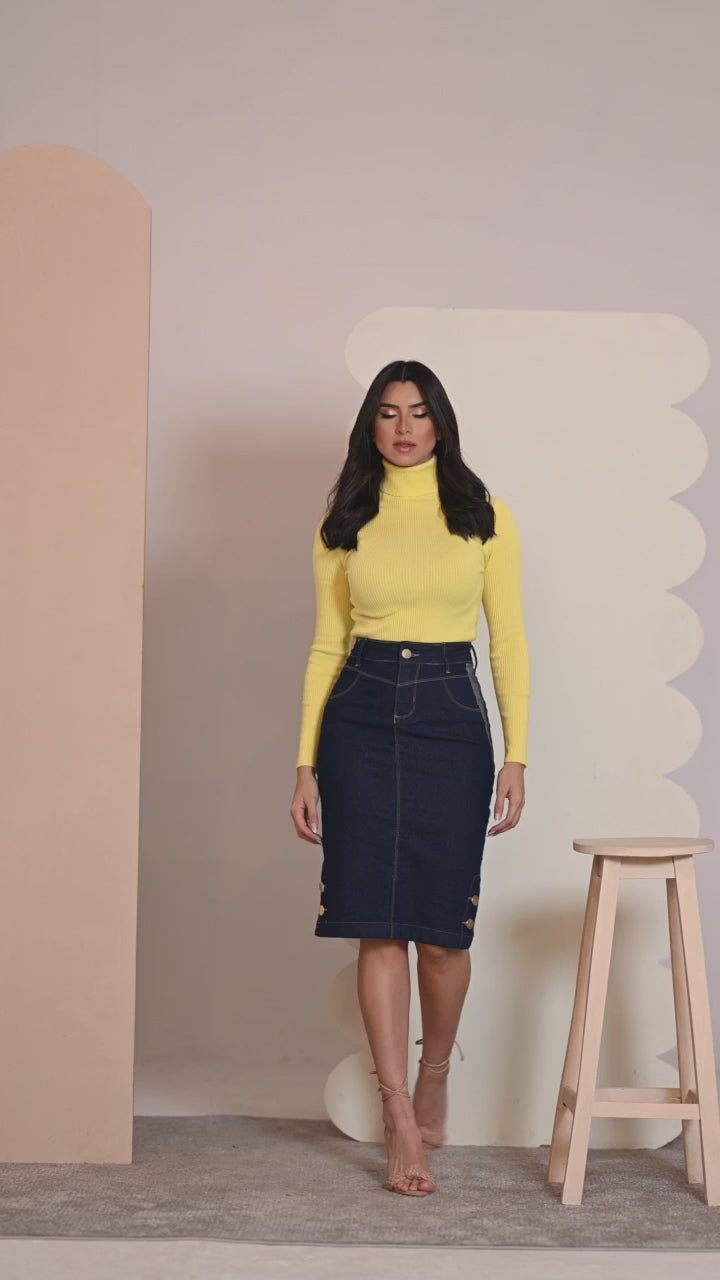 Anagrom Straight Knee Length Stretch Dark Blue Denim Jean Skirt for Women Size 0-22 Regular and Plus Size Side Button Details Ref.214