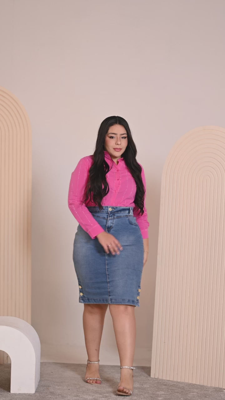 Anagrom Straight Knee Length Stretch Washed Blue Denim Jean Skirt for Women Size 0-22 Regular and Plus Size Side Button Details Ref.211